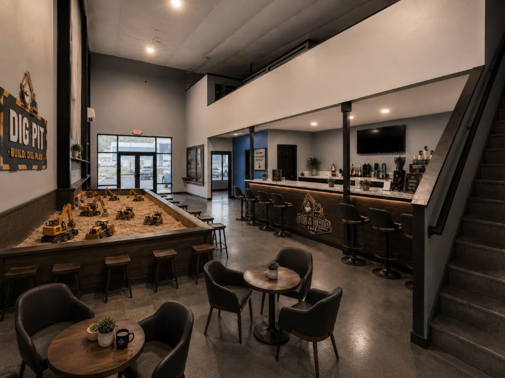 Interior mockup of Dig and Drip Cafe showing the RC sand pit and coffee bar